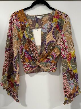 Zara S Patchwork Boho Floral Bell Sleeve Crop Top NWT